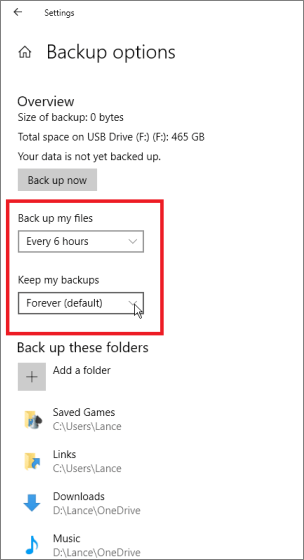 change the backup frequency