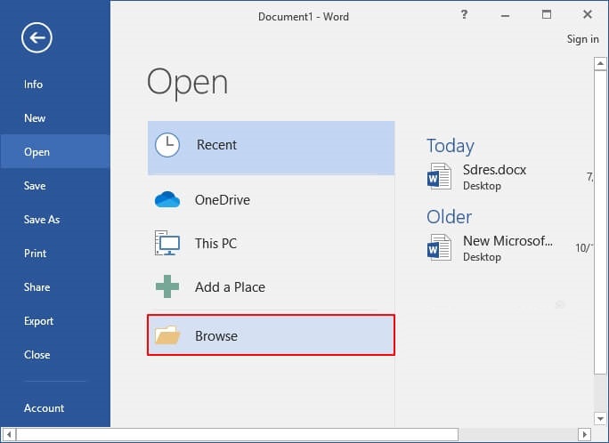 Open corrupted DOCX file in Word application
